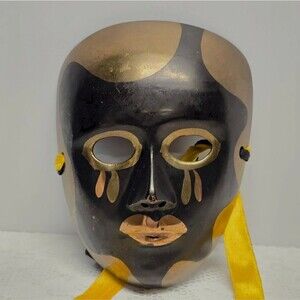 Vintage Solid Brass Theater Entity Mask Black Gold Wall Hanging MCM Decor